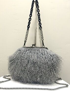 Gray Real Mongolian Lamb Fur Handmade Kisslock Frame Bag/Crossbody